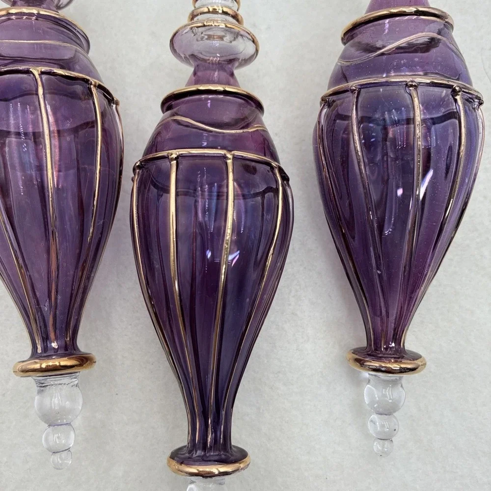 Purple Hand Blown Glass Ornaments Gold Filigree Teardrop Finial Set of 3 6
